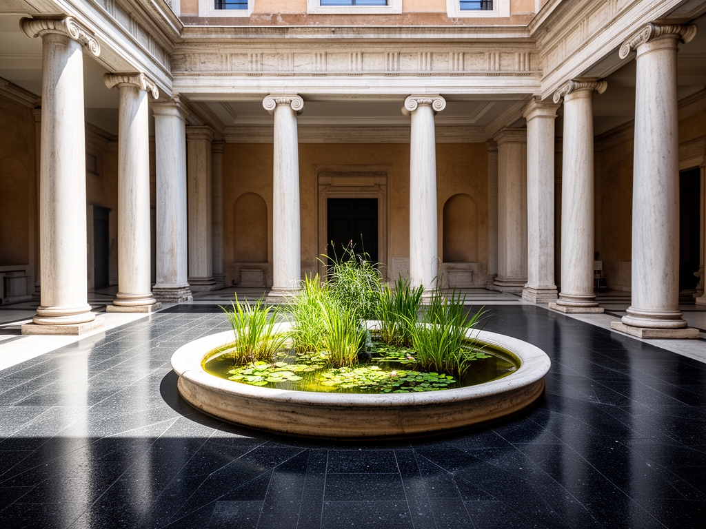 Cortile interno di un antico palazzo romano con colonne doriche di travertino bianco, vasca centrale con piante acquatiche, pavimentazione di basalto lucida, luce del mezzogiorno che crea nette ombre geometriche, atmosfera di studio e riflessione contemplativa