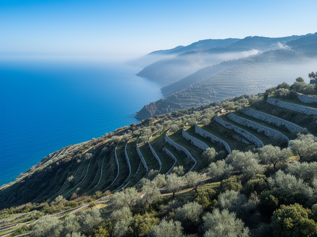 Vista aerea di un paesaggio ligure con terrazze coltivate a ulivo scendenti verso il mare Mediterraneo blu cobalto, muretti di pietra grigia tra gli appezzamenti, vegetazione macchia mediterranea con colori verde scuro e grigio argenteo, mattina presto con nebbia leggera sui colli
