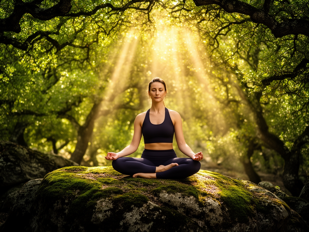 Donna in posizione di meditazione seduta su una roccia muschiosa in un bosco di querce, raggi di luce solare che penetrano attraverso il fogliame verde denso, atmosfera tranquilla e raccolta con sfumature di luce verde-dorata