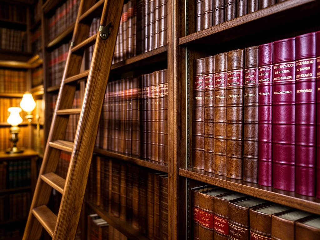 Scaffali di biblioteca antica con volumi rilegati in cuoio marrone e bordeaux, scala scorrevole in legno di noce, luce calda di lampade vintage, atmosfera di studio e conoscenza profonda, dettaglio dei dorsi dei libri con iscrizioni latine