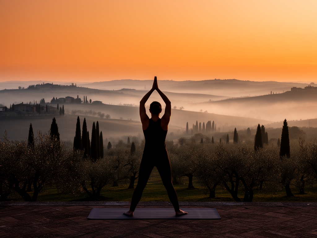 Silhouette di persona in posizione yoga del saluto al sole su una terrazza con vista sulla campagna umbra al mattino, foschia leggera tra le colline, ulivi e cipressi nel paesaggio, luce arancione calda dell'alba che si diffonde all'orizzonte