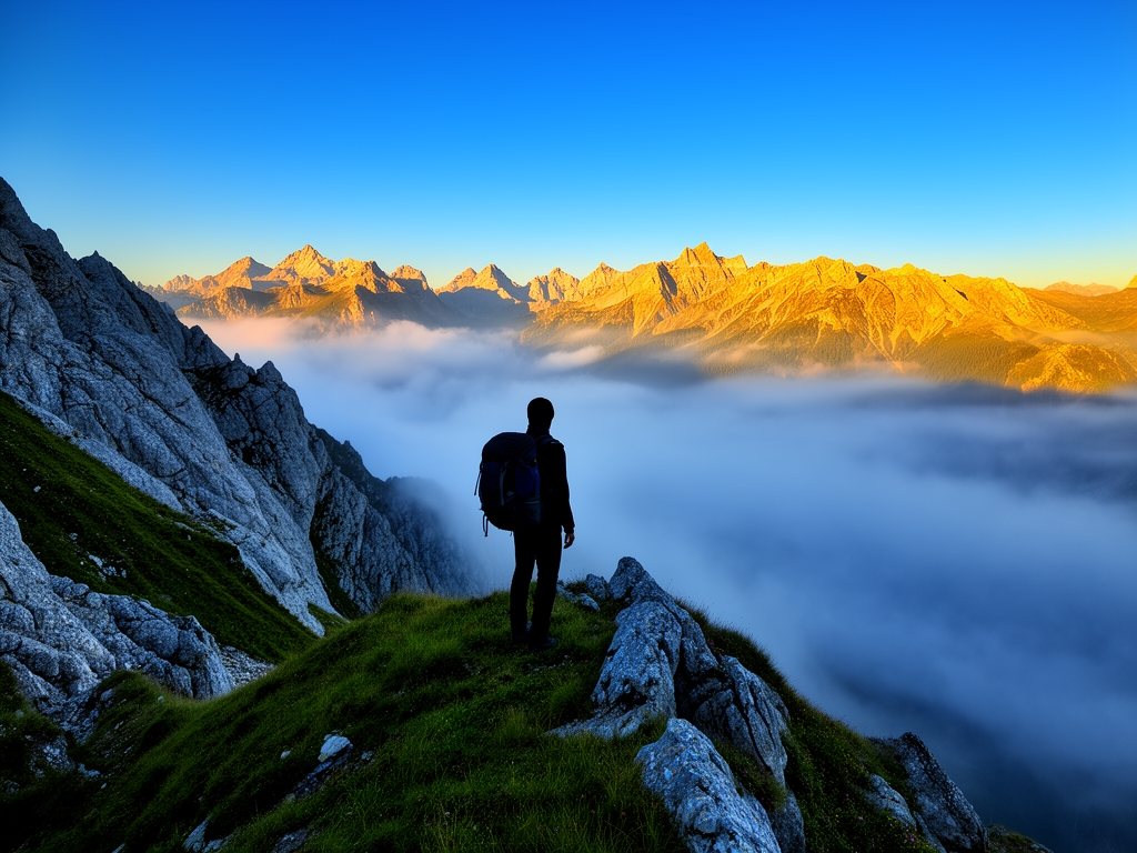 Escursionista solitario su un crinale alpino al mattino presto con nebbia bassa nei fondovalle e vette illuminate dai primi raggi di sole dorati, zaino da trekking, silhouette in controluce contro il cielo azzurro intenso, paesaggio di alta quota con rocce grigie e prati verdi