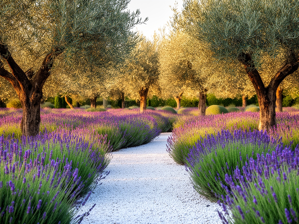 Giardino botanico italiano in piena estate con sentieri di ghiaia bianca, aiuole di lavanda viola e rosmarino verde, alberi di ulivo argentati sullo sfondo e luce calda del tardo pomeriggio che filtra tra le fronde
