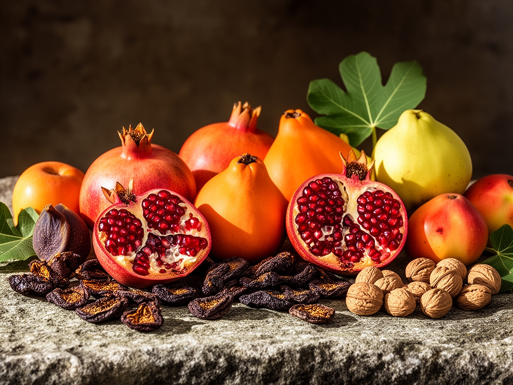 Composizione fotografica di prodotti ortofrutticoli autunnali italiani su un tavolo rustico in pietra: melograni aperti, fichi secchi, noci, mele cotogne, foglie di fico, tutto in luce naturale laterale con sfumature calde di arancione e marrone